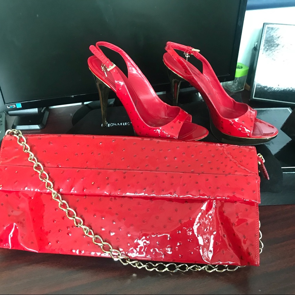 Cesare Paciotti Red Patent Leather Pumps with Bag